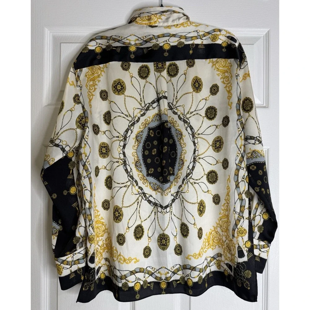 Zara Woman Ecru Chain Scarf Print Button Down Blouse Sz S - Picture 8 of 11